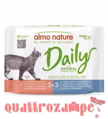 Almo Nature Daily Multipack Tonno Salmone e Merluzzo Gamberetti 6 x 70 gr Bustine Umido Per Gatti