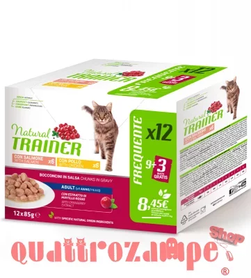 Natural Trainer Adult Cat Bocconcini Multipack 12 bustine 85 gr (12 pollo + 12 salmone) Umido Gatti